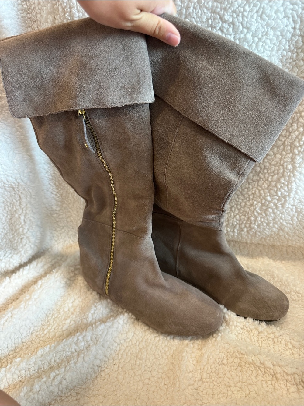 Women's Fold-Over Suede Mid-Calf Boots in Taupe